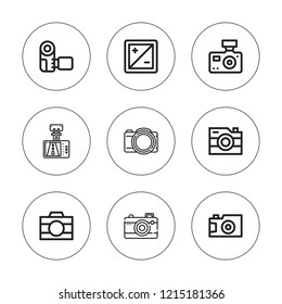 Shutter icon set. collection of 9 outline shutter icons with camera, diaphragm icons. editable icons.