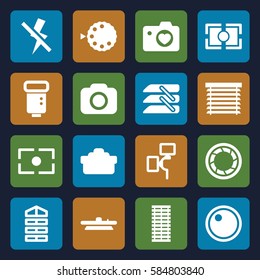 shutter icons set. Set of 16 shutter filled icons such as heart with camera, blinds, camera, no flash