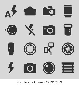 Shutter icons set. set of 16 shutter filled icons such as heart with camera, camera