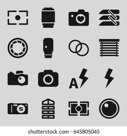 Shutter icons set. set of 16 shutter filled icons such as heart with camera, blinds, camera, flash