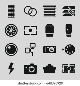 Shutter icons set. set of 16 shutter filled icons such as heart with camera, blinds, camera, flash