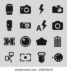 Shutter icons set. set of 16 shutter filled icons such as shutter blinds, heart with camera, camera, flash