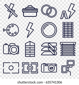 Shutter icons set. set of 16 shutter outline icons such as blinds, camera, camera lense, flash