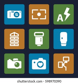 shutter icons set. Set of 9 shutter filled icons such as shutter blinds, heart with camera, camera