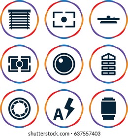 Shutter icons set. set of 9 shutter filled icons such as camera lense, camera focus