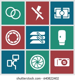 Shutter icons set. set of 9 shutter filled icons such as blinds, camera, camera shutter