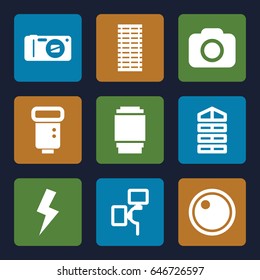 Shutter icons set. set of 9 shutter filled icons such as shutter blinds, camera, camera flash, camera lense, flash