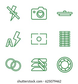 Shutter icons set. set of 9 shutter outline icons such as heart with camera, blinds, camera shutter, no flash, auto flash