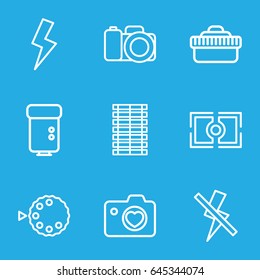 Shutter icons set. set of 9 shutter outline icons such as heart with camera, camera, flash, no flash