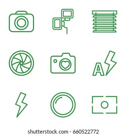Shutter icons set. set of 9 shutter outline icons such as heart with camera, camera, flash