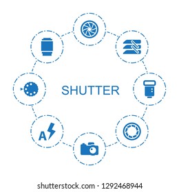 shutter icons. Trendy 8 shutter icons. Contain icons such as camera shutter, camera, blinds, camera lensecamera lense, auto flash, mode. icon for web and mobile.
