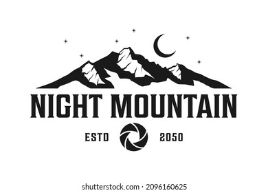 Shutter Lens Aperture as Crescent Moon at Night with Mountain for Adventure Outdoor Nature Photography concept. Photographer Logo Design
