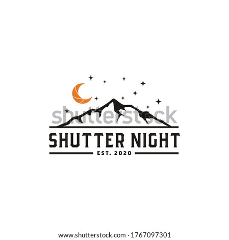 Shutter Lens Aperture as Crescent Moon at Night with Mountain for Adventure Outdoor Nature Photography concept.  Photographer Logo Design