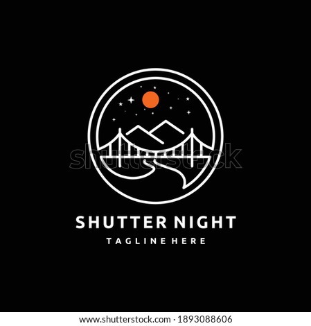 Shutter Lens Aperture as Crescent Moon at Night with Mountain, Bridge and River for Adventure Outdoor Nature Photography Concept, Photographer Logo Design