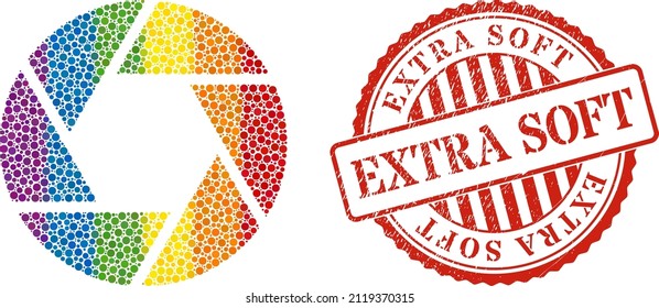 Shutter mosaic icon of round items in variable sizes and rainbow color tones. Red round scratched seal imprint with Extra Soft phrase. A dotted LGBT- colored shutter for lesbians, gays,