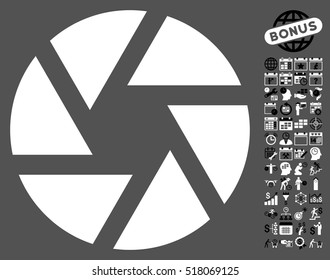 Shutter pictograph with bonus calendar and time service symbols. Vector illustration style is flat iconic symbols, black and white colors, gray background.