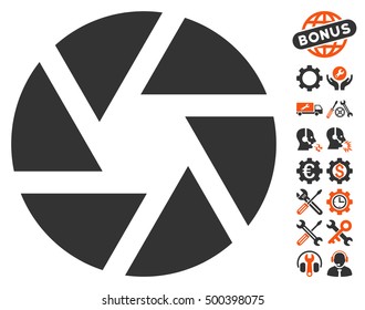 Shutter pictograph with bonus service pictograph collection. Vector illustration style is flat iconic symbols, orange and gray colors, white background.