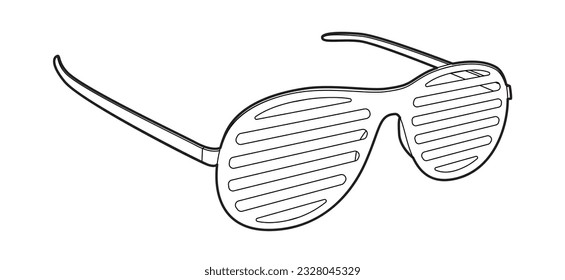 Shutter Shade Rahmen Brille Mode Accessoires Illustration. Sonnenblase 3-4 für Männer, Frauen, Silhouettenstil, flache Felgenbrillen mit Brille mit Linsenkopie einzeln auf weißem Hintergrund