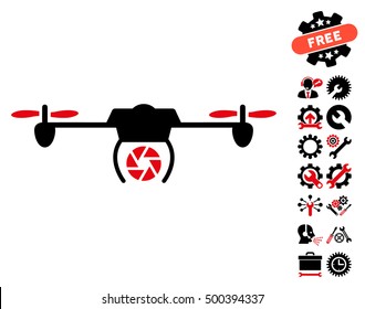 Shutter Spy Airdrone icon with bonus options pictograms. Vector illustration style is flat iconic symbols, intensive red and black colors, white background.