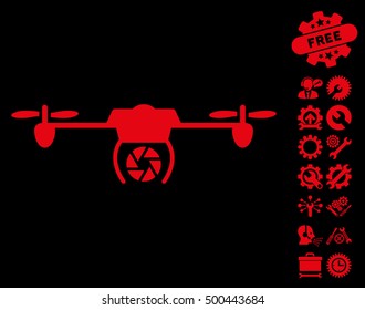 Shutter Spy Airdrone icon with bonus configuration images. Vector illustration style is flat iconic symbols, red color, black background.