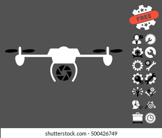 Shutter Spy Airdrone pictograph with bonus configuration symbols. Vector illustration style is flat iconic symbols, black and white colors, gray background.