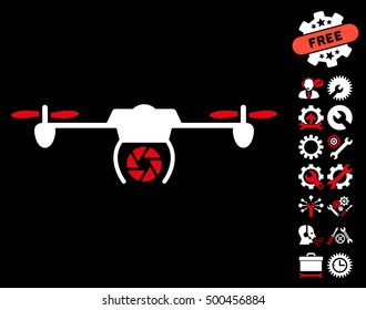 Shutter Spy Airdrone pictograph with bonus setup tools pictograms. Vector illustration style is flat iconic symbols, red and white colors, black background.