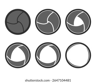 Obturador com bladers de árvore de fechado para aberto. Preto, cinza em um fundo transparente. Ilustração de vetor plano. Coleção, conjunto.