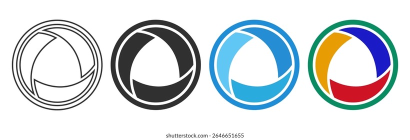 Shutter with tree blades. Collection, set. Aperture, lens, camera, video, film, symbol, sign.Vector. Isolated.