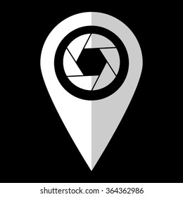 Shutter - white vector icon;  map pointer