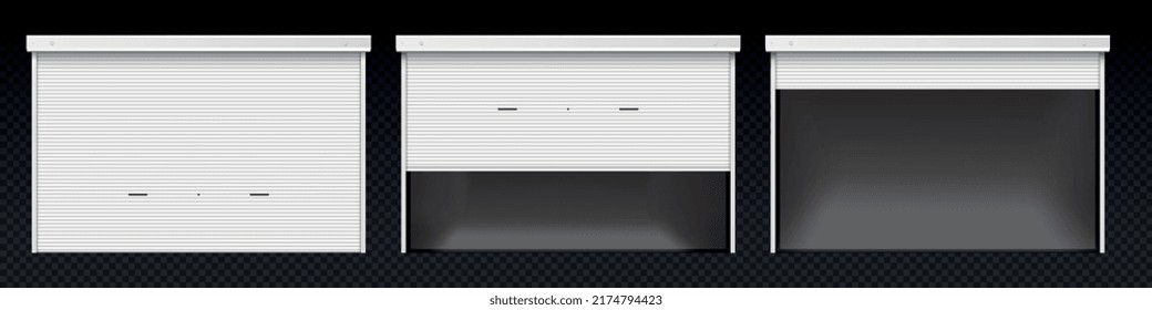 Shutters on garage door. Automatic door on internal parking of house. Place for car or vehicle. Stages of closing garage. Realistic isometric vector illustrations isolated on dark background