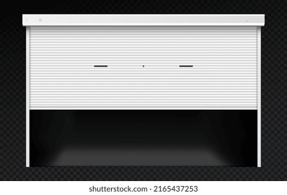 Shutters on garage door open. Parking space in large and trendy house. Facade and exterior elements, architecture and automation. Modern technologies. Realistic isometric vector illustration