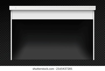 Shutters on garage door open. Facade and exterior elements in private houses. Modern and minimalistic style for decorating buildings. Car parking space. Realistic isometric vector illustration