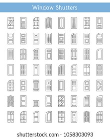 Shutters. Plantation, Panel, Tier On Tier, Bahama & Louvered Window Coverings. Decorative Exterior Blinds. Board & Batten Shades. Front View. Line Icon Collection.