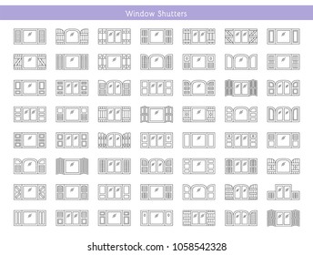 Shutters. Plantation, panel, tier on tier, bahama & louvered window coverings. Decorative exterior blinds. Board & batten shades. Front view. Line icon collection.
