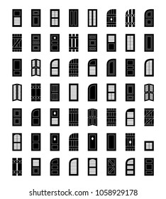 Shutters. Plantation, panel, tier on tier, bahama & louvered window coverings. Decorative exterior blinds. Board & batten shades. Front view. Flat icon collection.