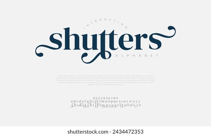 Shutters premium luxury elegant alphabet letters and numbers. Elegant wedding typography classic serif font decorative vintage retro. Creative vector illustration