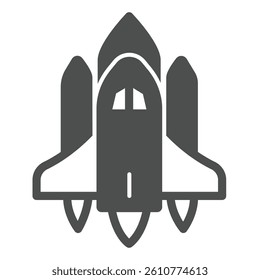 Shuttle aircraft launch solid icon, cosmos concept. Vector graphics. Space shuttle, spaceship flight sign on white background, glyph style icon for mobile or web design