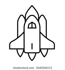 Shuttle aircraft launch thin line icon, cosmos concept. Vector graphics. Space shuttle, spaceship flight sign on white background, style mobile or design