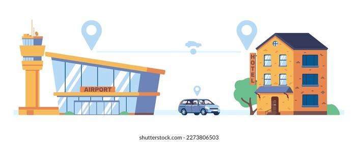 Shuttle from airport to hotel. Airplane arrival terminal and hostel building. Transport driving route. Location pins. Transportation of passengers and luggage to motel