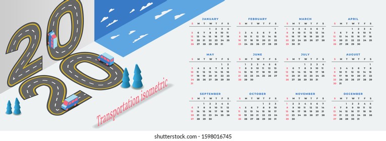 Shuttle bus goes by the numbers 2020 in isometric. Calendar for the year 2020