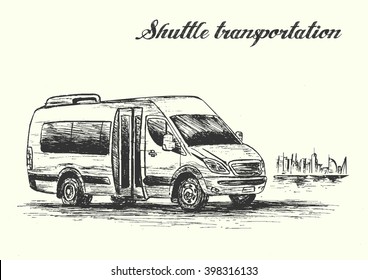 Shuttle Bus Transportation,tours,,hand Drawn,sketch Style,isolated,vector,illustration.