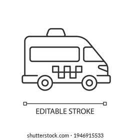 Shuttle buses linear icon. Convenient means of transportation around the city. Travel by company. Thin line customizable illustration. Contour symbol. Vector isolated outline drawing. Editable stroke