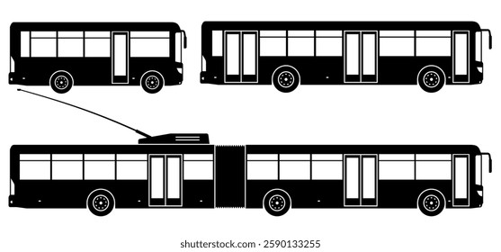 Shuttle buses silhouette isolated vector illustration. City transport icons set view from the side.