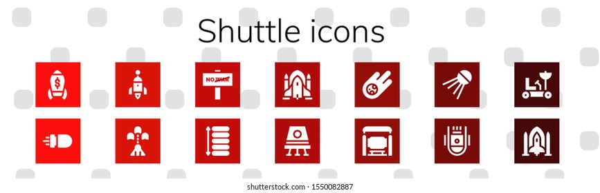 shuttle icon set. 14 filled shuttle icons.  Collection Of - Rocket, Missile, Spaceship, War, Spacing, Rocket ship, Space capsule, Meteorite, Bus stop, Sputnik, Moon rover icons