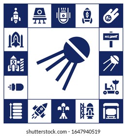 shuttle icon set. 17 filled shuttle icons.  Simple modern icons such as: Rocket, Spaceship, Sputnik, Missile, War, Moon rover, Spacing, Space capsule, Rocket ship launch, Meteorite