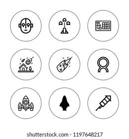 Shuttle icon set. collection of 9 outline shuttle icons with comet, launchpad, meteor, meteorite, science fiction, space ship, spaceship icons. editable icons.