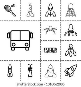 Shuttle icons. set of 13 editable outline shuttle icons such as airport bus, rocket, shuttlecock, shuttlecock