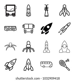 Shuttle icons. set of 16 editable outline shuttle icons such as rocket, airport bus, shuttlecock, shuttlecock
