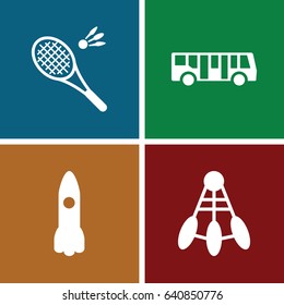Shuttle icons set. set of 4 shuttle filled icons such as airport bus, badminton, rocket