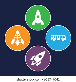 Shuttle icons set. set of 4 shuttle filled icons such as airport bus, rocket